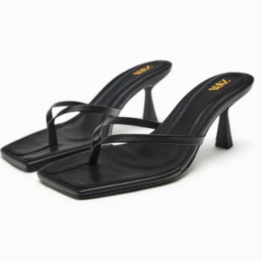 Zara Black Thong High Heel Sandal, Size 8